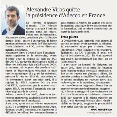 Transition à la tête d'Adecco France : Départ d'Alexandre Viros et ironie du sort, l'intérim est assuré par Denis Machuel.