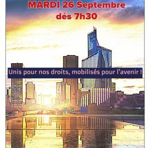 Mardi 26 Septembre, rassemblement dés 7h30 sur le parvis de La Défense, meeting à 13h30 avec Sophie Binet