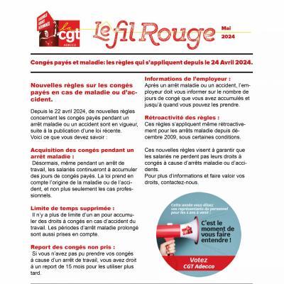 Tract droit syndical CGT Adecco Mai 2024. Congés payés et maladie: les règles qui s’appliquent depuis le 24 Avril 2024.