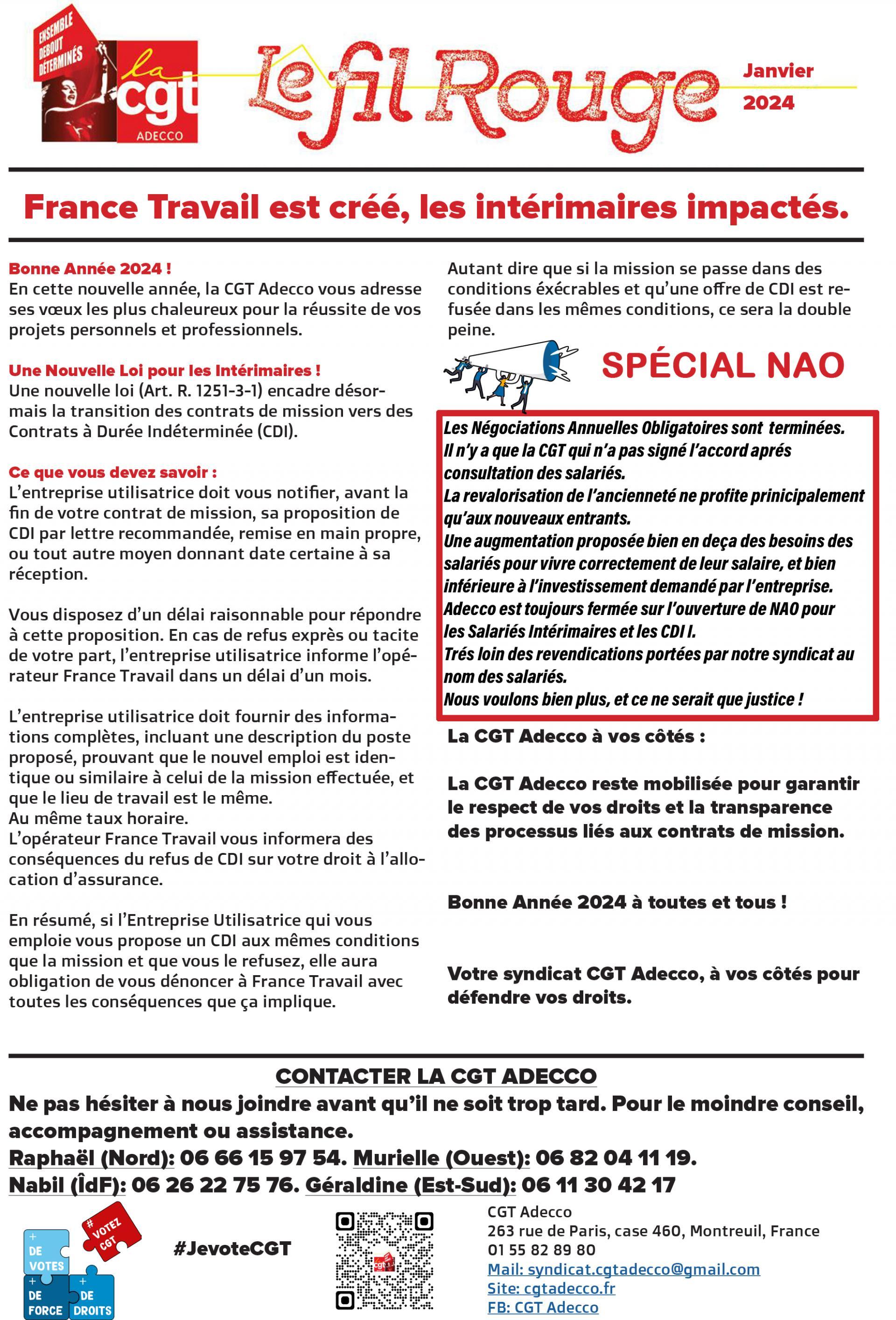 Communication syndicale Janvier 2023. L'accord NAO non signé, la création de France Travail.