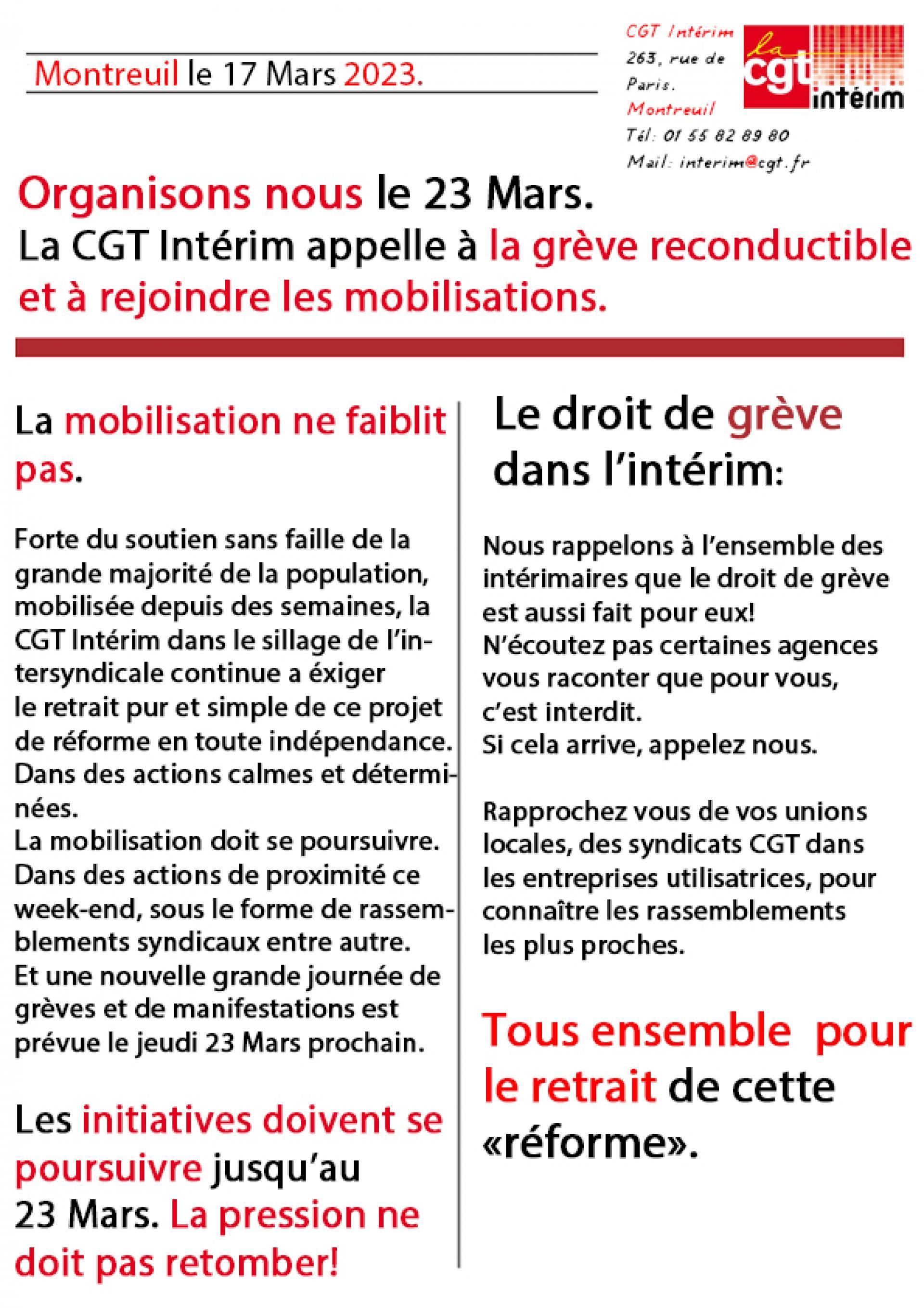 Appel officiel de la CGT Intérim à la mobilisation et à la grève le 23 Mars. Nous allons et devons gagner.