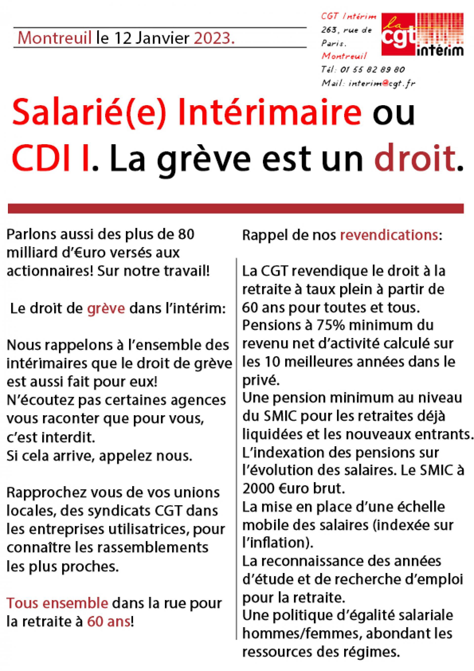 Appel officiel de la CGT Intérim à la mobilisation et à la grève le 19 Janvier.