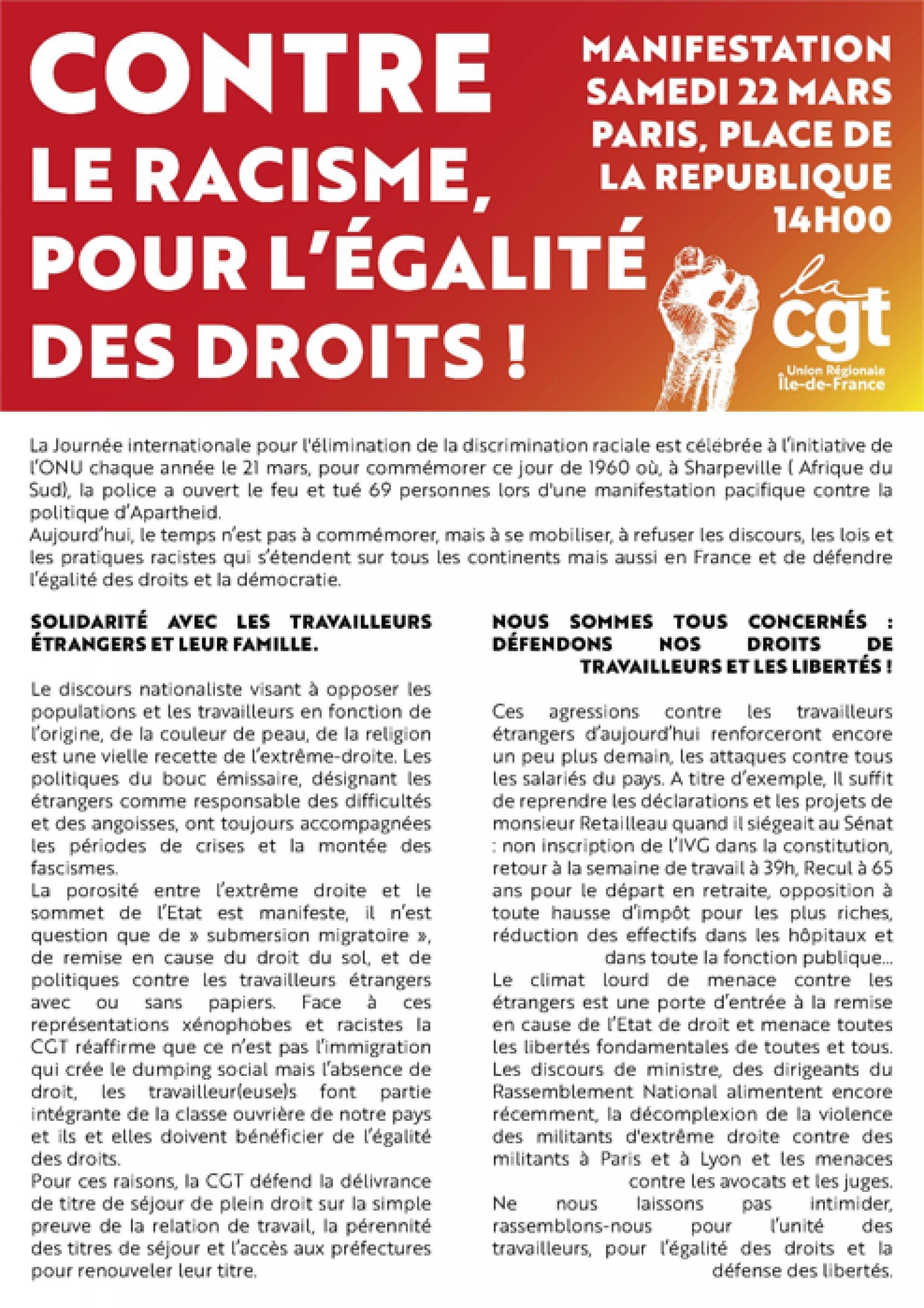 CONTRE LE RACISME, POUR L’ÉGALITÉ DES DROITS!   MANIFESTATION – SAMEDI 22 MARS