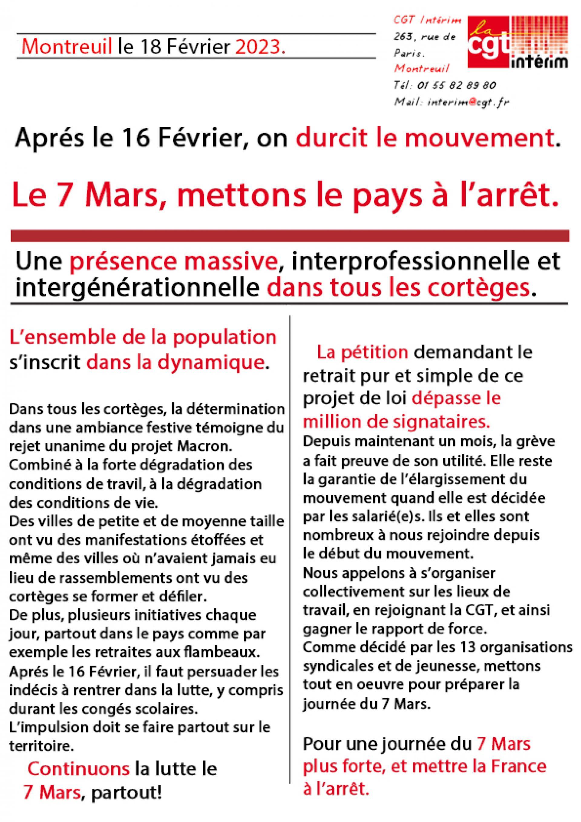 Appel officiel de la CGT Intérim à la mobilisation et à la grève le 7 Mars. Mettons le pays à l'arrêt.