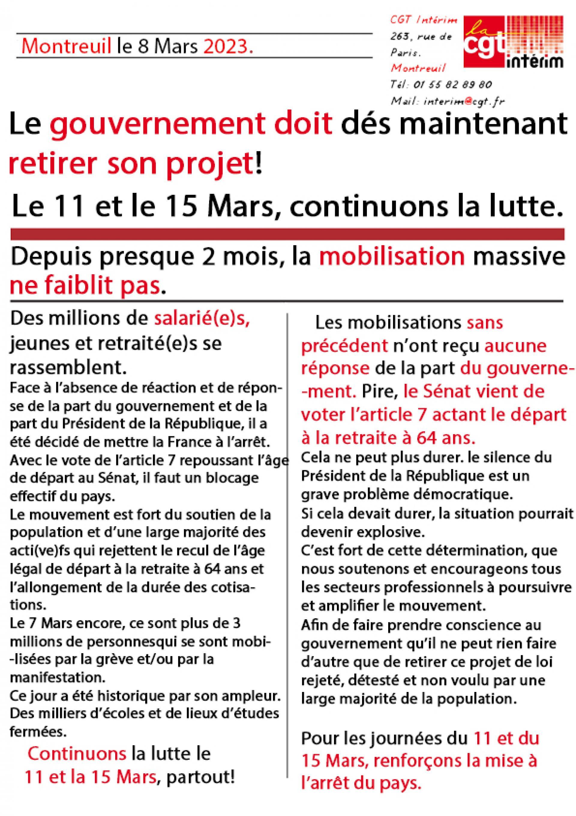 Appel officiel de la CGT Intérim à la mobilisation et à la grève le 11 et le 15 Mars. Rendons effective la mise à l'arrêt du pays.