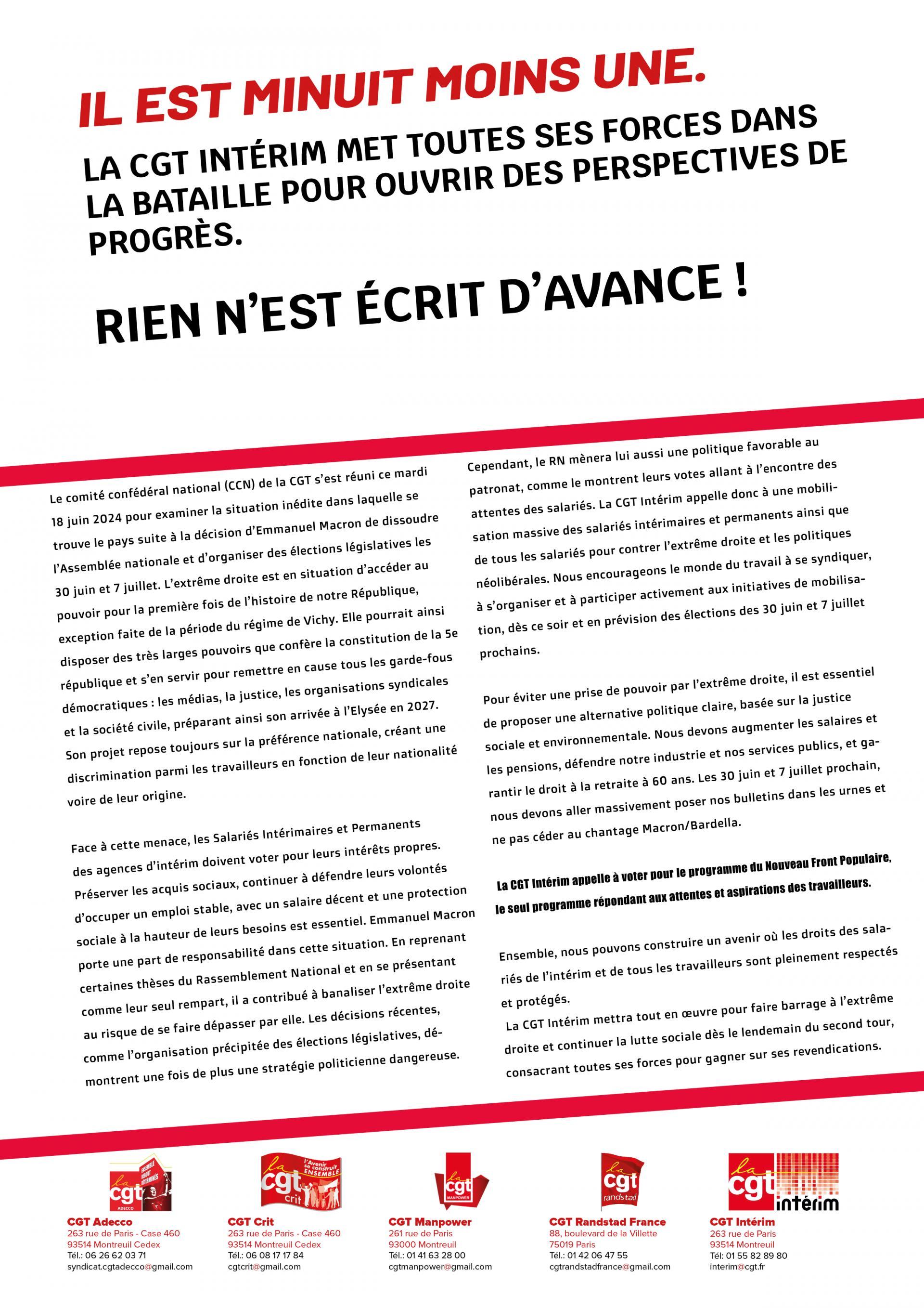 La CGT Intérim appelle à voter pour le programme du Nouveau Front Populaire. Le seul programme répondant aux attentes et aspirations des travailleurs.