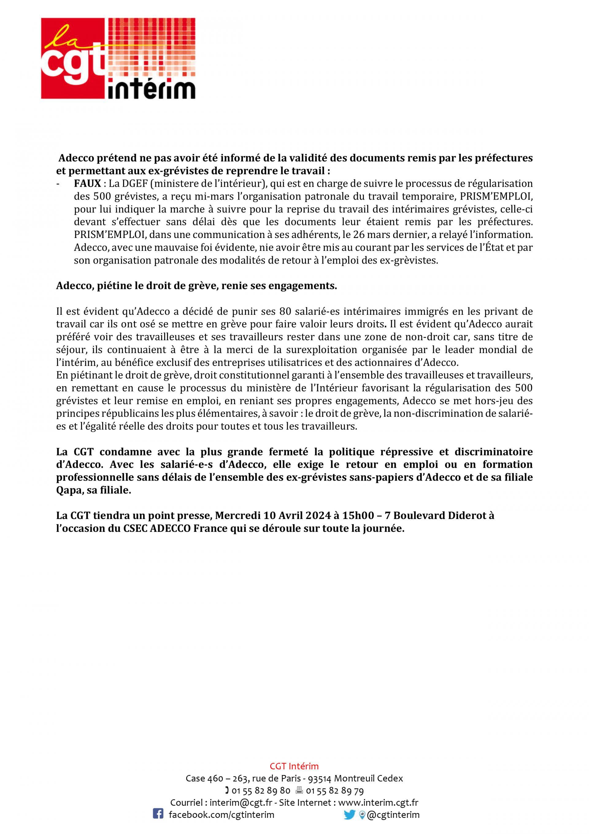 COMMUNIQUE DE PRESSE: Un mouvement social gagnant, Une seule grande entreprise ne joue pas le jeu : Adecco ! Les salarié-es intérimaires immigrés poursuivent la lutte !