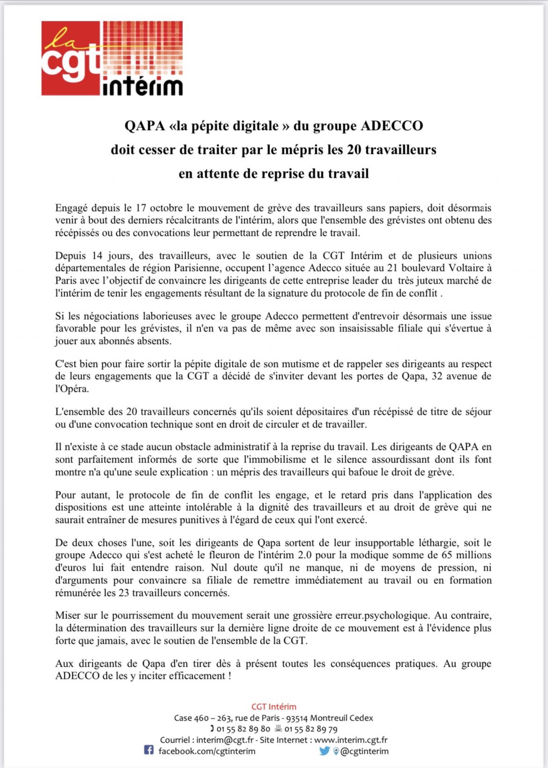 Aprés l'agence Adecco boulevard Voltaire à Paris, c'est au tour de l'agence Qapa avenue de l'Opéra d'être occupée.