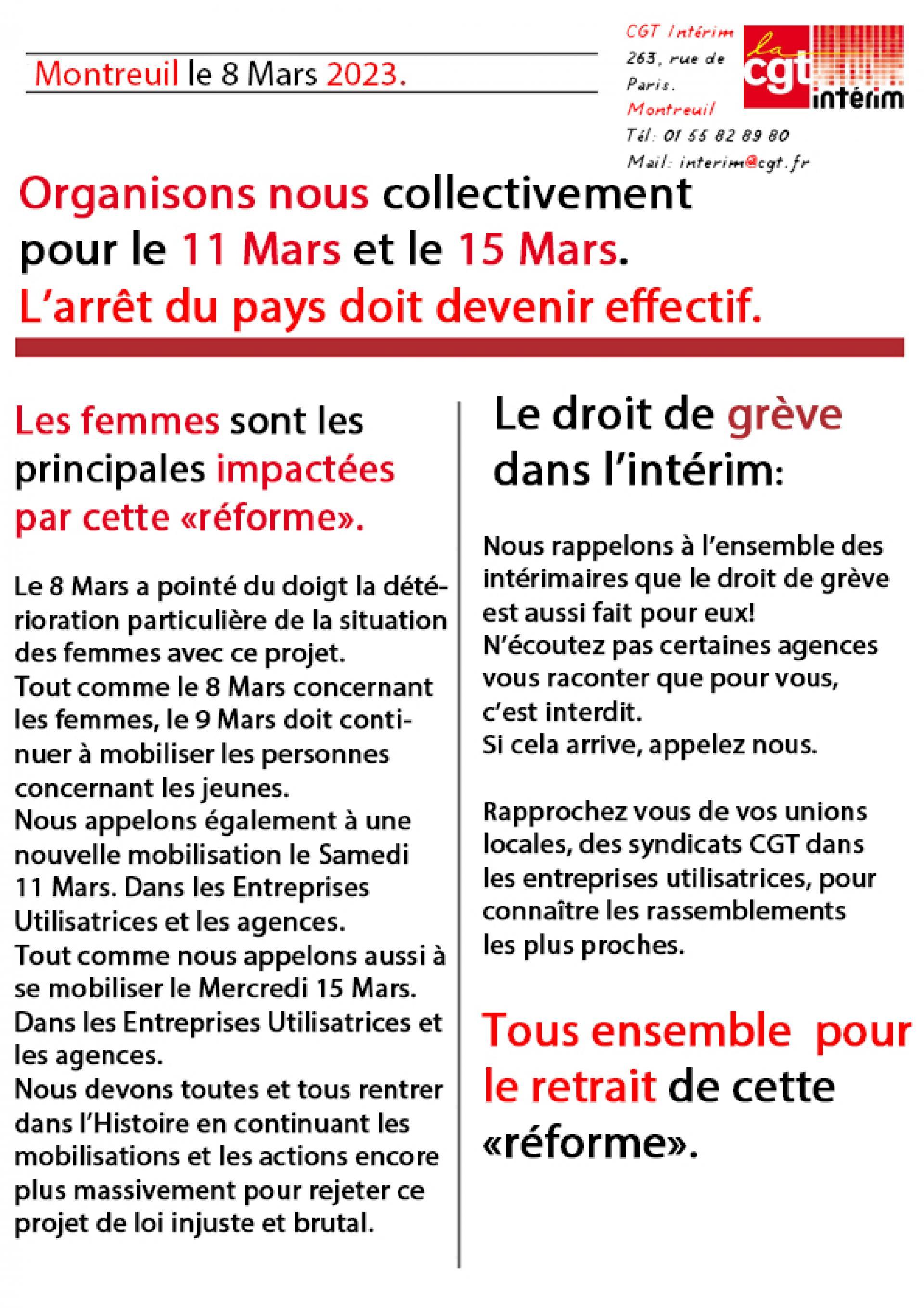 Appel officiel de la CGT Intérim à la mobilisation et à la grève le 11 et le 15 Mars. Rendons effective la mise à l'arrêt du pays.