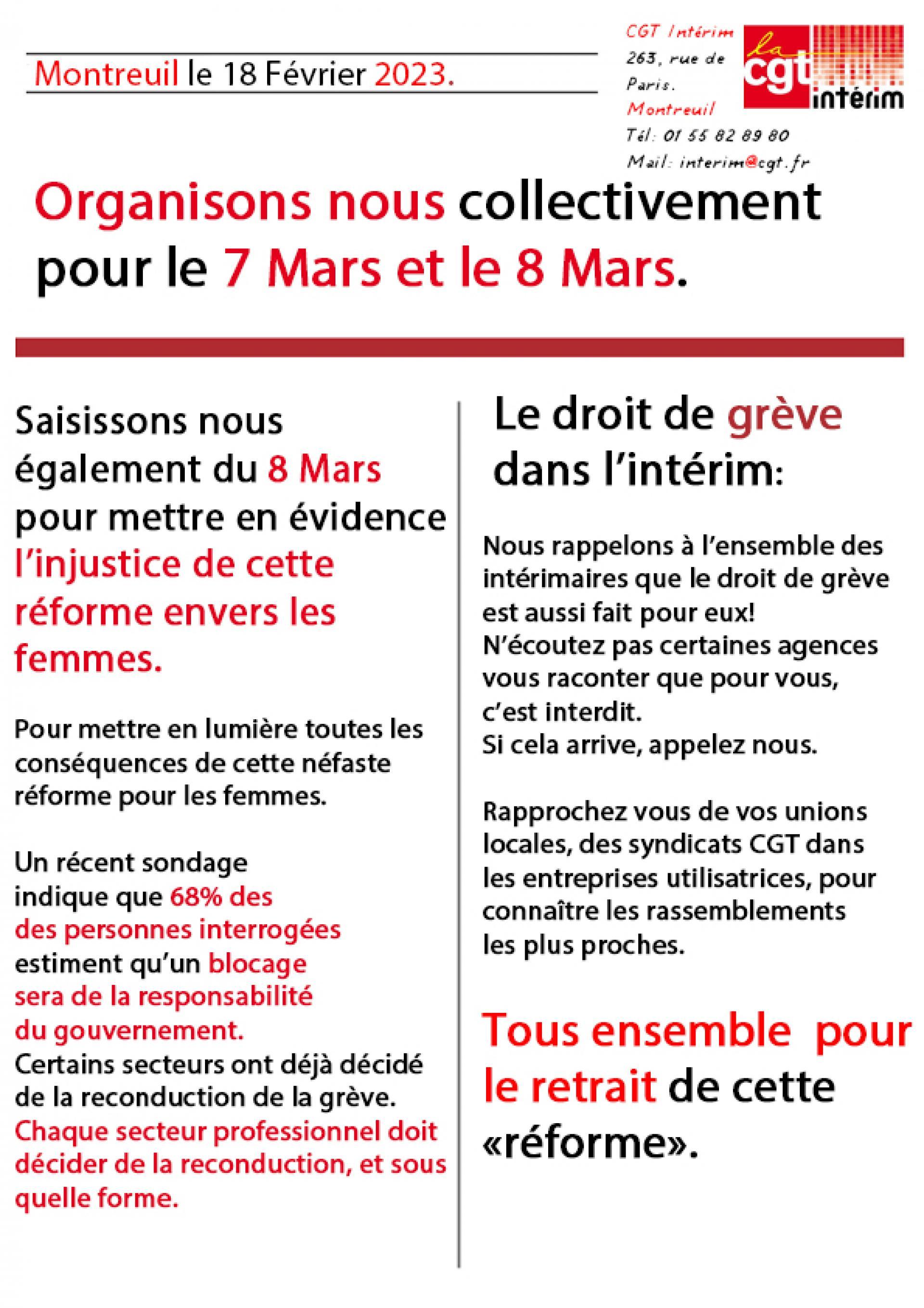 Appel officiel de la CGT Intérim à la mobilisation et à la grève le 7 Mars. Mettons le pays à l'arrêt.