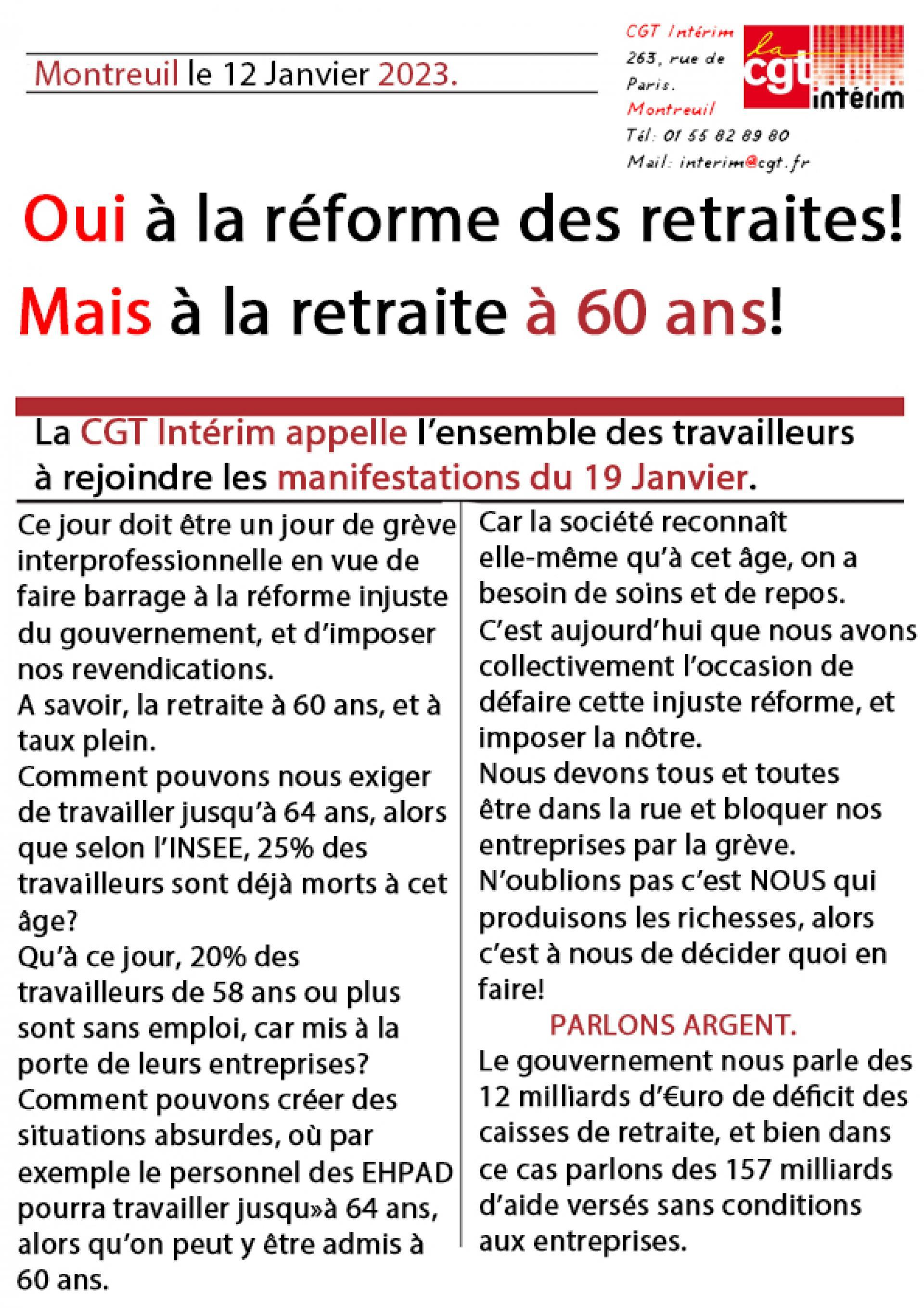 Appel officiel de la CGT Intérim à la mobilisation et à la grève le 19 Janvier.