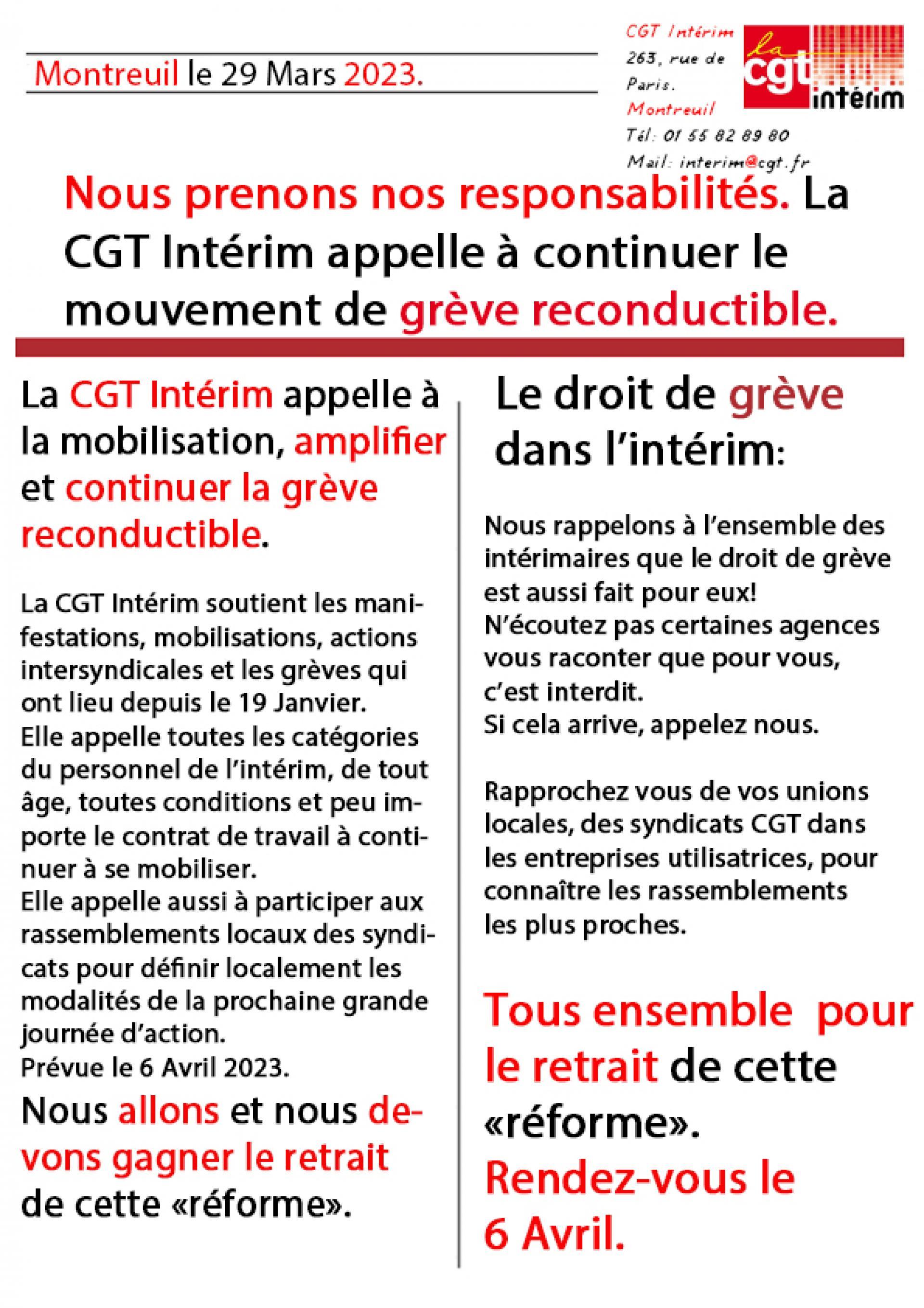 Appel la mobilisation de la CGT Intérim le 6 Avril, jusqu'au retrait. Nous devons et nous allons gagner!  La lutte n'est pas finie.