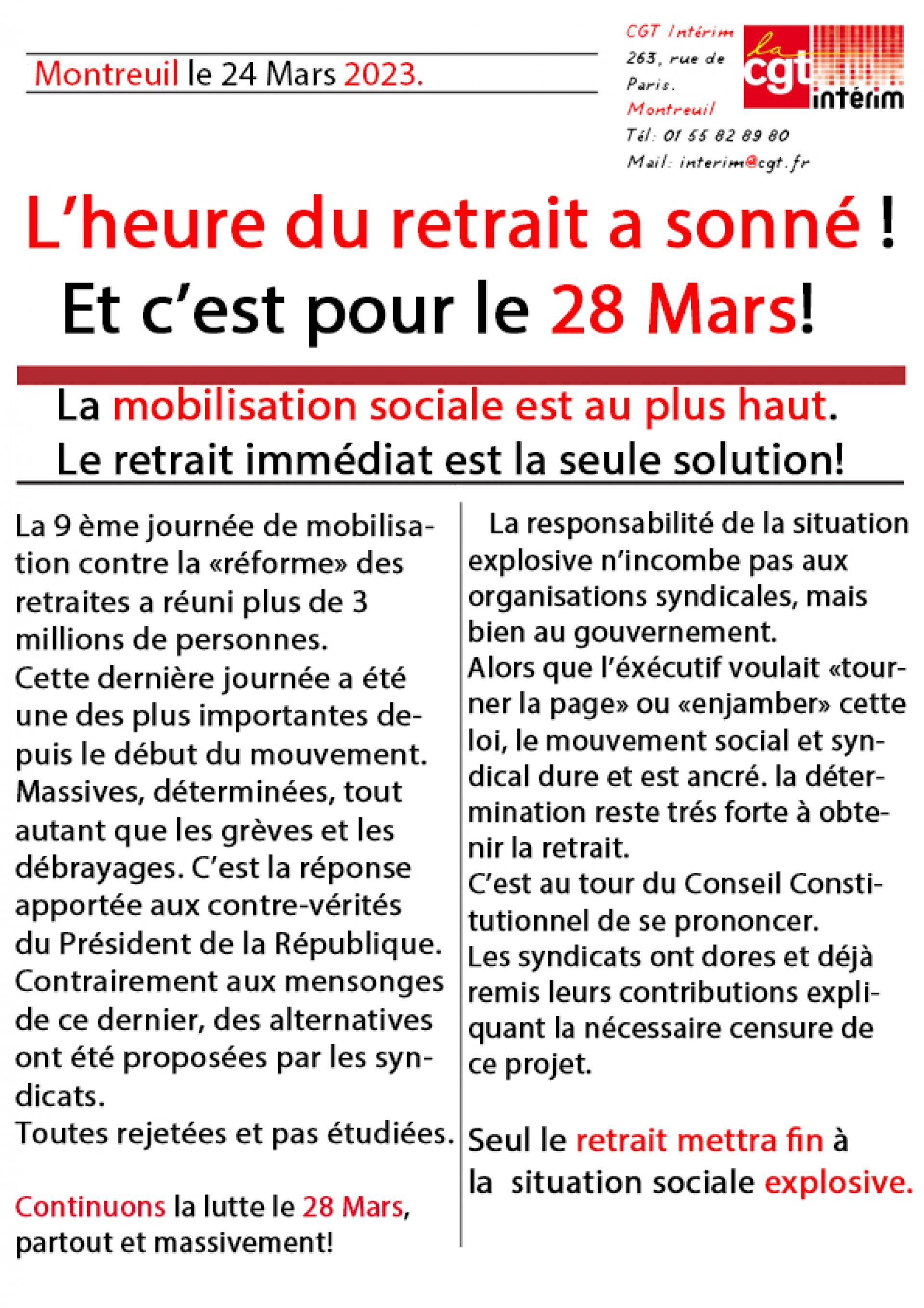 Appel officiel de la CGT Intérim à la mobilisation le 28 Mars. L'heure du retrait a sonné.