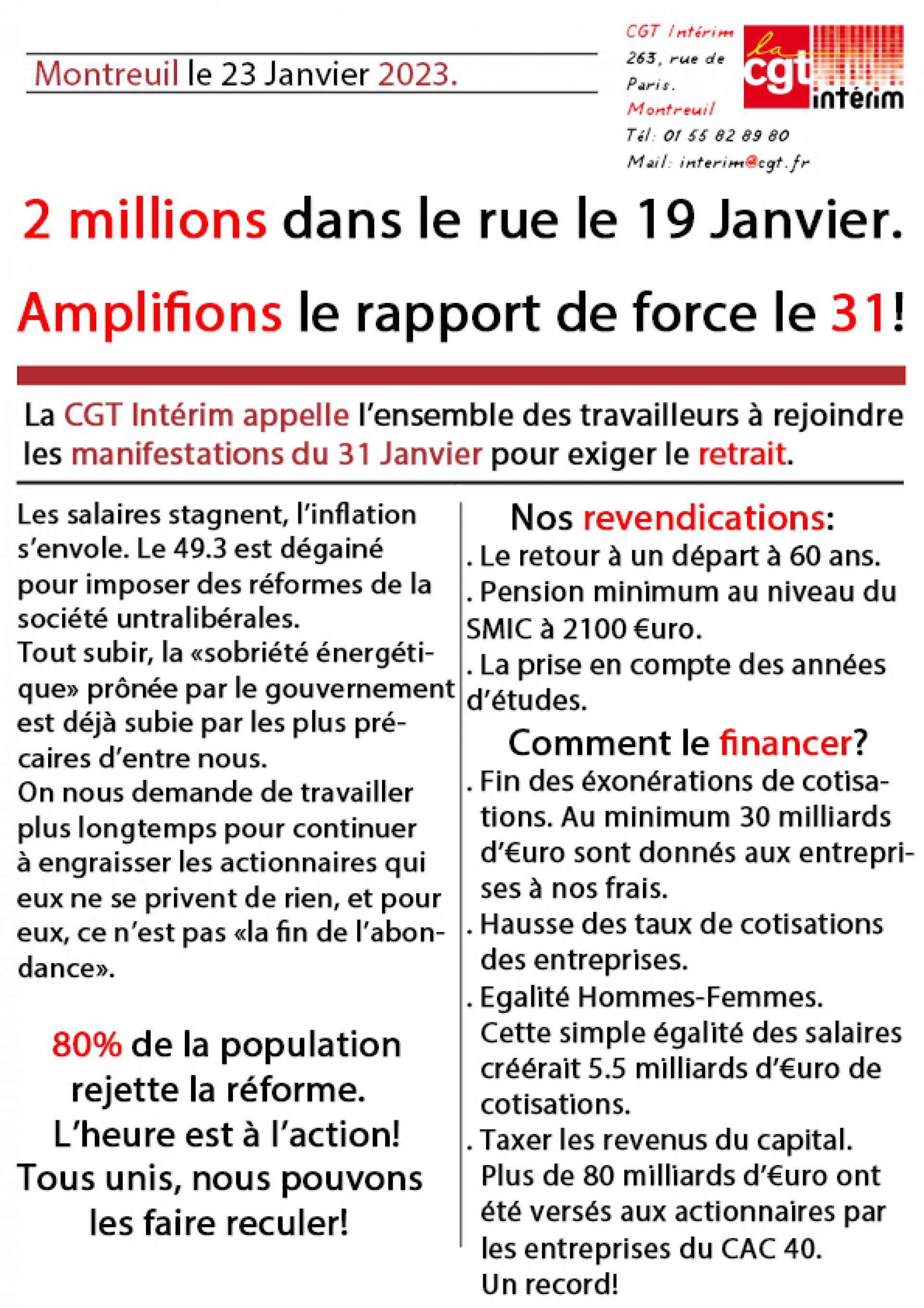 Appel officiel de la CGT Intérim à la mobilisation et à la grève le 31 Janvier.