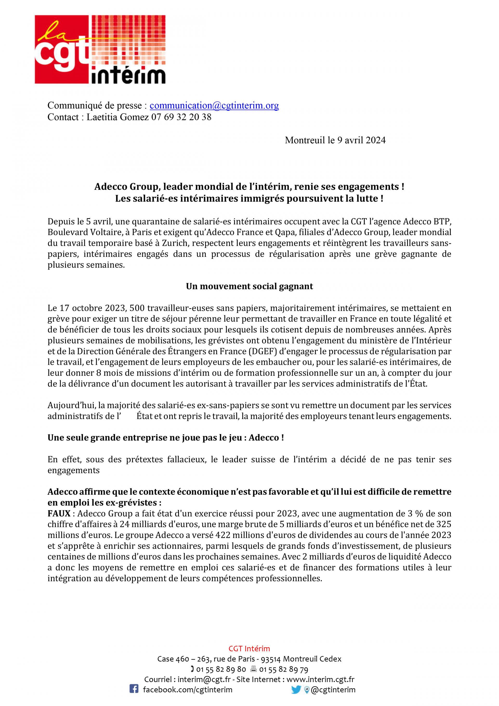 COMMUNIQUE DE PRESSE: Un mouvement social gagnant, Une seule grande entreprise ne joue pas le jeu : Adecco ! Les salarié-es intérimaires immigrés poursuivent la lutte !