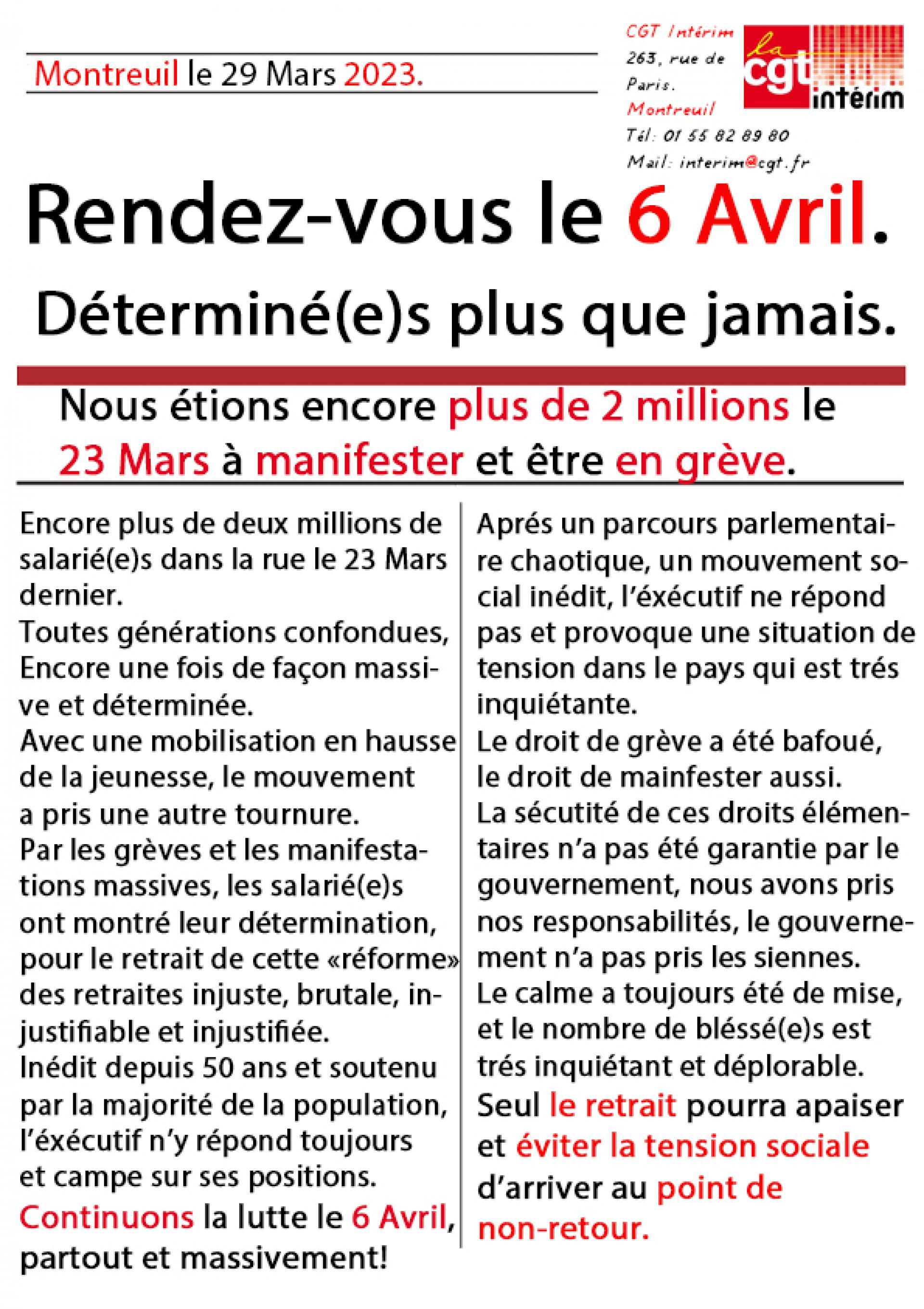 Appel la mobilisation de la CGT Intérim le 6 Avril, jusqu'au retrait. Nous devons et nous allons gagner!  La lutte n'est pas finie.