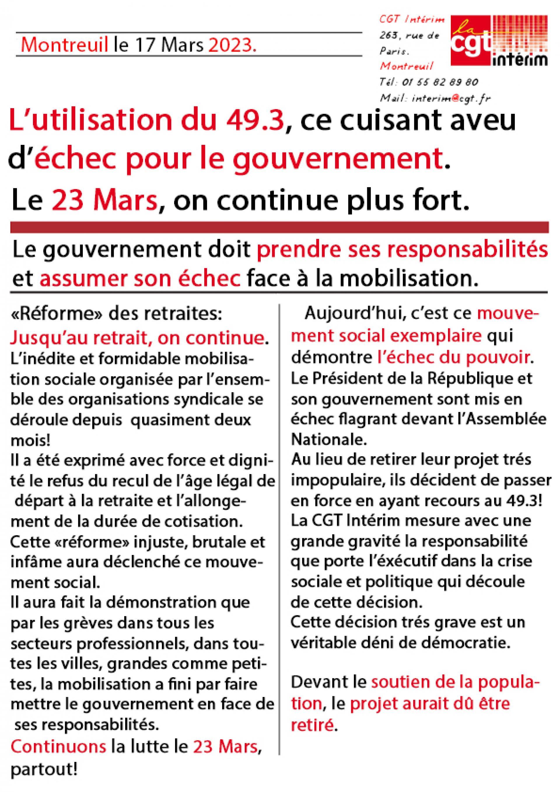 Appel officiel de la CGT Intérim à la mobilisation et à la grève le 23 Mars. Nous allons et devons gagner.